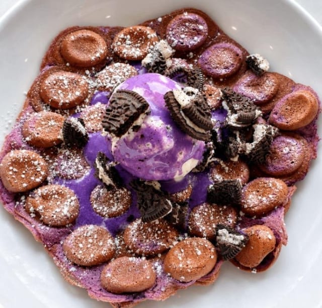 Ube Oreo Waffle W/ Vanilla Ice Cream.